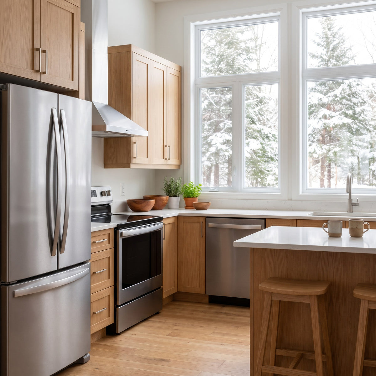 Cuisine moderne d'une maison au Québec avec réfrigérateur, cuisinière et lave-vaisselle en acier inoxydable