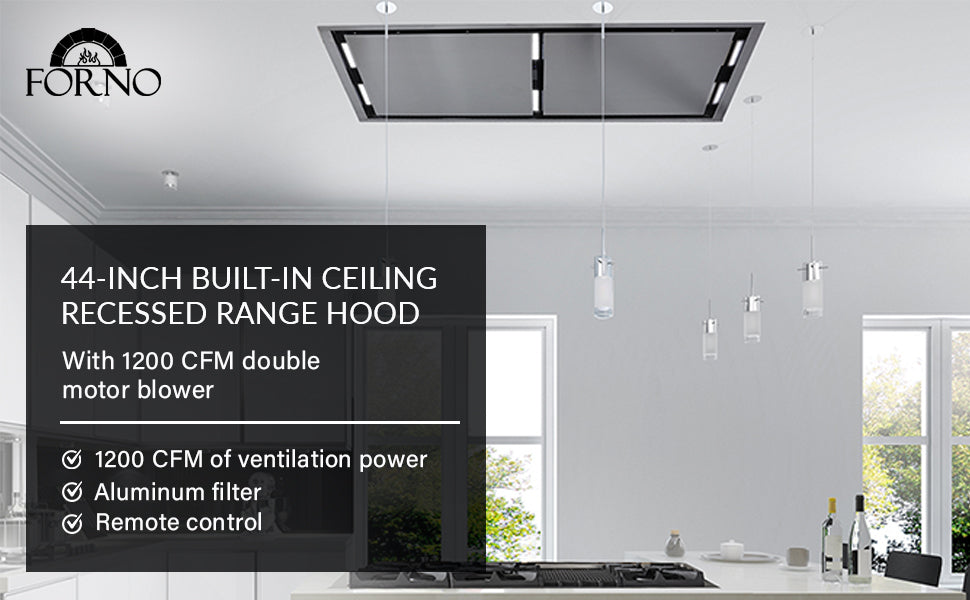 FORNO Arezzo 44-Inch Recessed Ceiling Range Hood, Dual Motors, 1200 CFM, Hybrid Filters, Remote Control - BonPrix Électroménagers