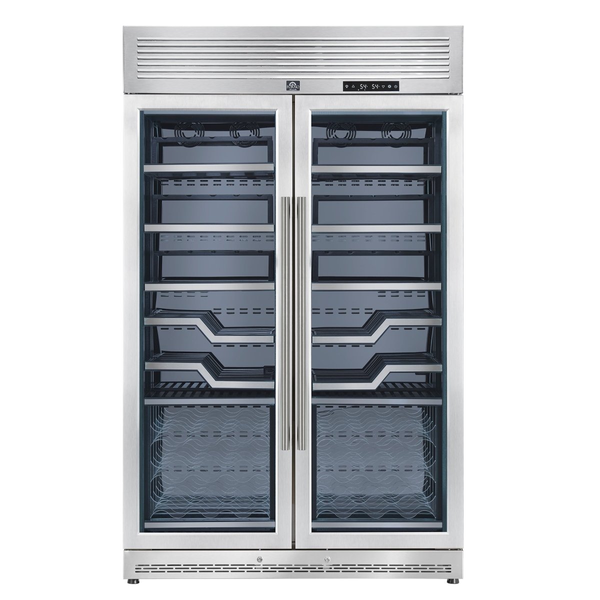 FORNO Abruzzo 48-Inch Dual Zone Wine Cellar, 102 Bottles, 24 cu. ft., Clear Acrylic Holders & Stainless Trim Shelves - BonPrix Électroménagers