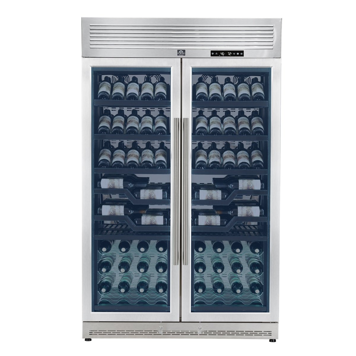 FORNO Abruzzo 48-Inch Dual Zones Wine Cellar, 102 Bottles, 24 cu. ft., Green Acrylic Holders & Black Shelves - BonPrix Électroménagers