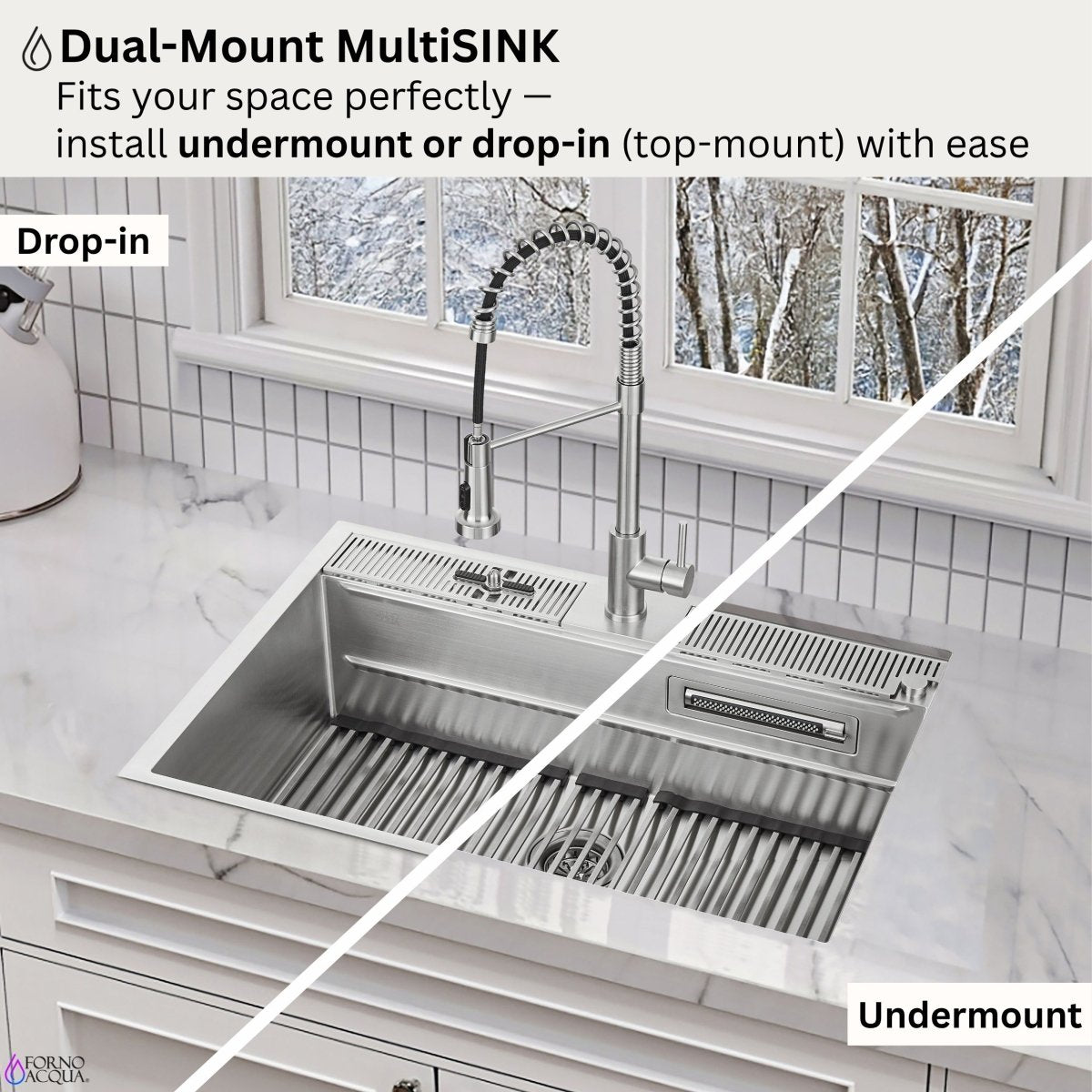 FORNO ACQUA 33 in. Drop-In/Undermount 3-Level Workstation Sink with Waterfall Faucet & Glass Rinser - BonPrix Électroménagers