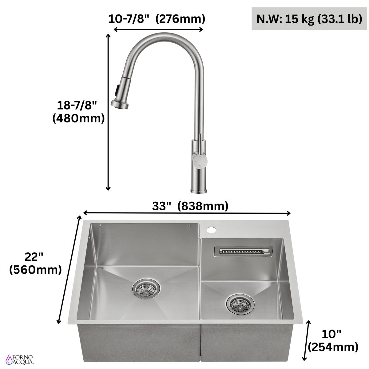 FORNO ACQUA 33 in. Drop-In/Undermount 40/60 Double Bowl Sink with Retractable Faucet & Waterfall - BonPrix Électroménagers