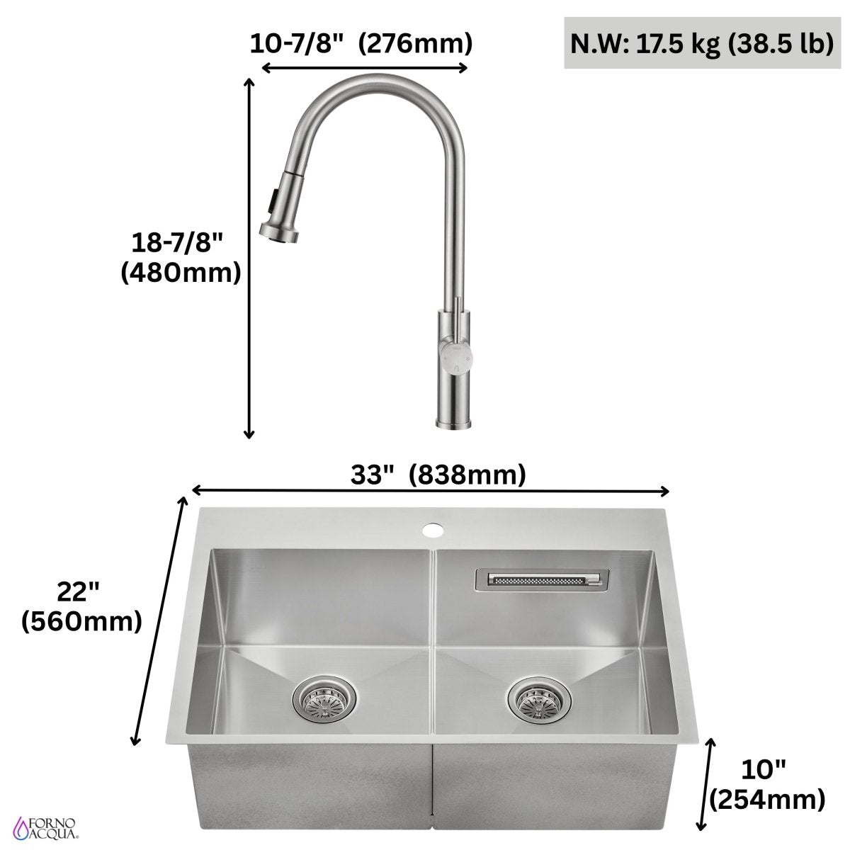 FORNO ACQUA 33 in. Drop-In/Undermount 50/50 Double Bowl Stainless Steel Sink with Faucet & Waterfall - BonPrix Électroménagers