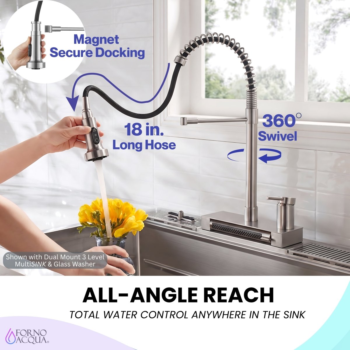 FORNO ACQUA 4 Function Pull-Down Waterfall Kitchen Faucet Brushed Nickel - BonPrix Électroménagers