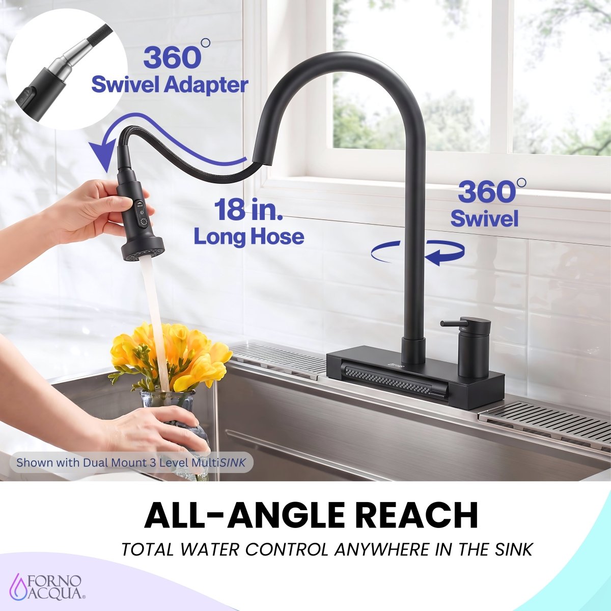 FORNO ACQUA 4 Function Waterfall  Pull-Down Kitchen Faucet Black - BonPrix Électroménagers