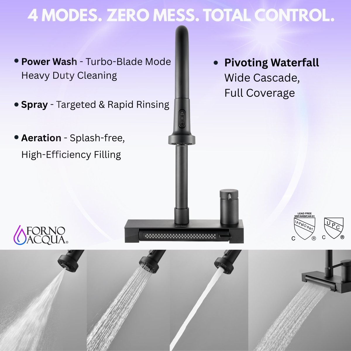 FORNO ACQUA 4 Function Waterfall  Pull-Down Kitchen Faucet Black - BonPrix Électroménagers
