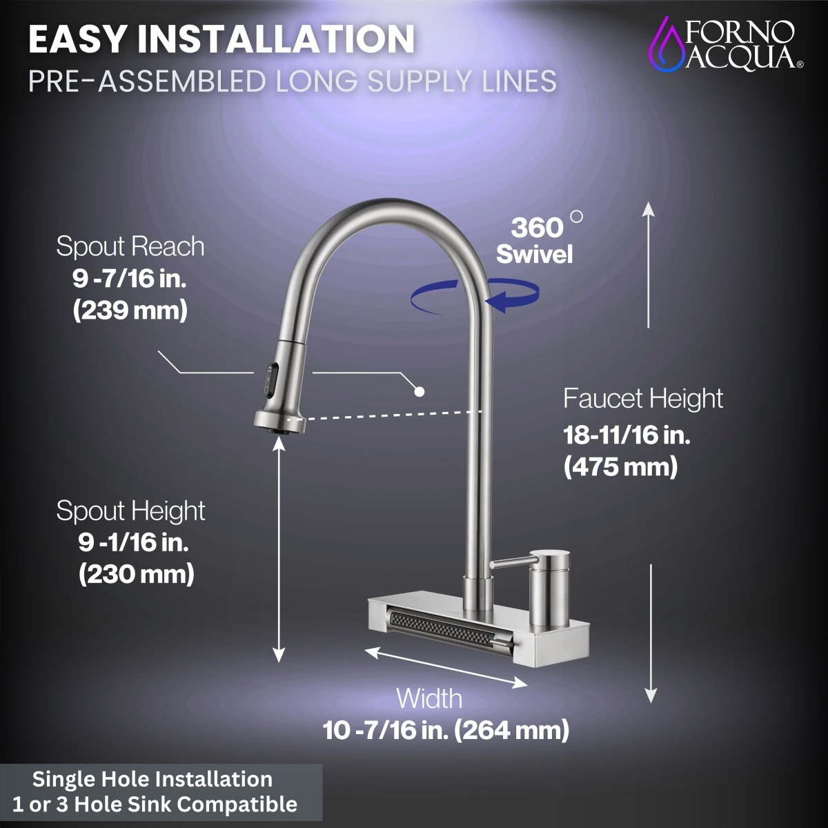 FORNO ACQUA 4 Function Waterfall Pull-Down Kitchen Faucet Brushed Nickel - BonPrix Électroménagers