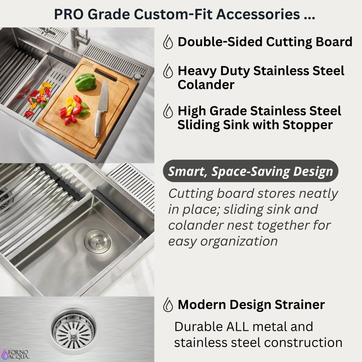 FORNO ACQUA 45 in. Drop-In/Undermount 3-Level Workstation Sink with Two Faucets & Glass Rinser - BonPrix Électroménagers