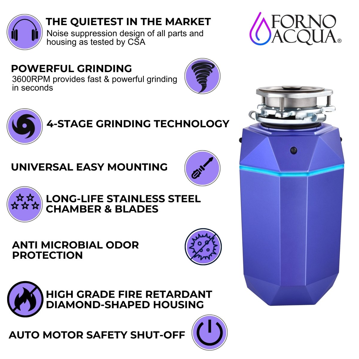 FORNO ACQUA BrightDIAMOND Amethyst 3/4HP Super Quiet Garbage Disposal Corded with Motion Sensor Cabinet Light & Pre-Wired Air Switch - BonPrix Électroménagers
