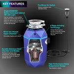 FORNO ACQUA BrightDIAMOND Amethyst 3/4HP Super Quiet Garbage Disposal Corded with Motion Sensor Cabinet Light & Pre-Wired Air Switch - BonPrix Électroménagers