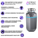 FORNO ACQUA BrightDIAMOND Black Onyx 3/4HP Super Quiet Garbage Disposal Corded with Motion Sensor Cabinet Light & Pre-Wired Air Switch - BonPrix Électroménagers