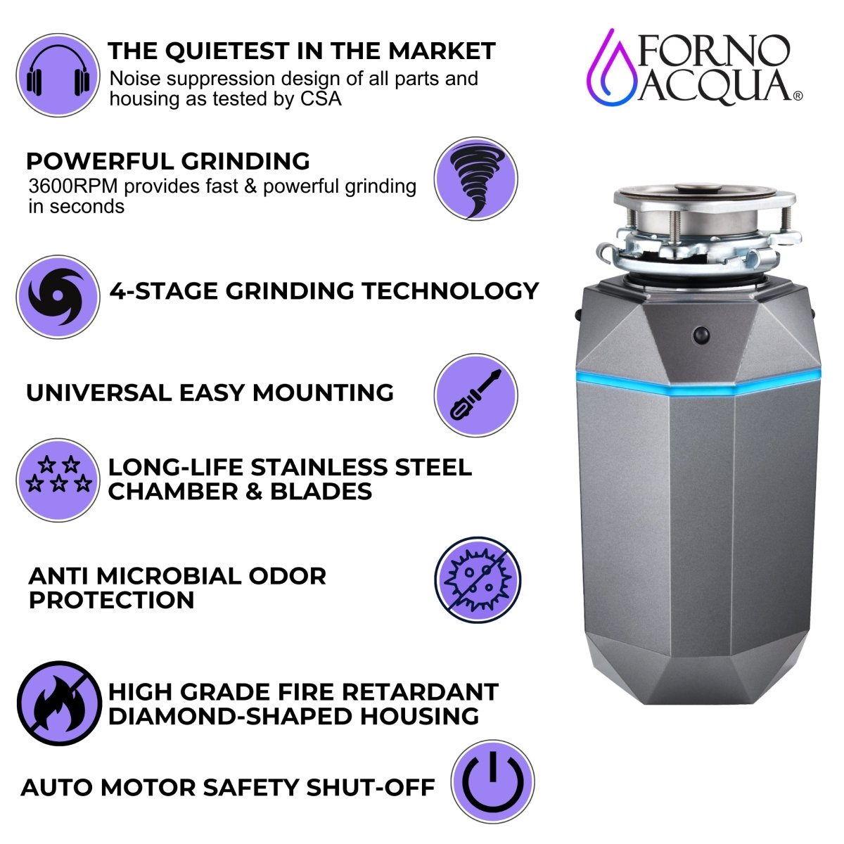 FORNO ACQUA BrightDIAMOND Black Onyx 3/4HP Super Quiet Garbage Disposal Corded with Motion Sensor Cabinet Light & Pre-Wired Air Switch - BonPrix Électroménagers