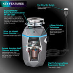 FORNO ACQUA BrightDIAMOND Black Onyx 3/4HP Super Quiet Garbage Disposal Corded with Motion Sensor Cabinet Light & Pre-Wired Air Switch - BonPrix Électroménagers