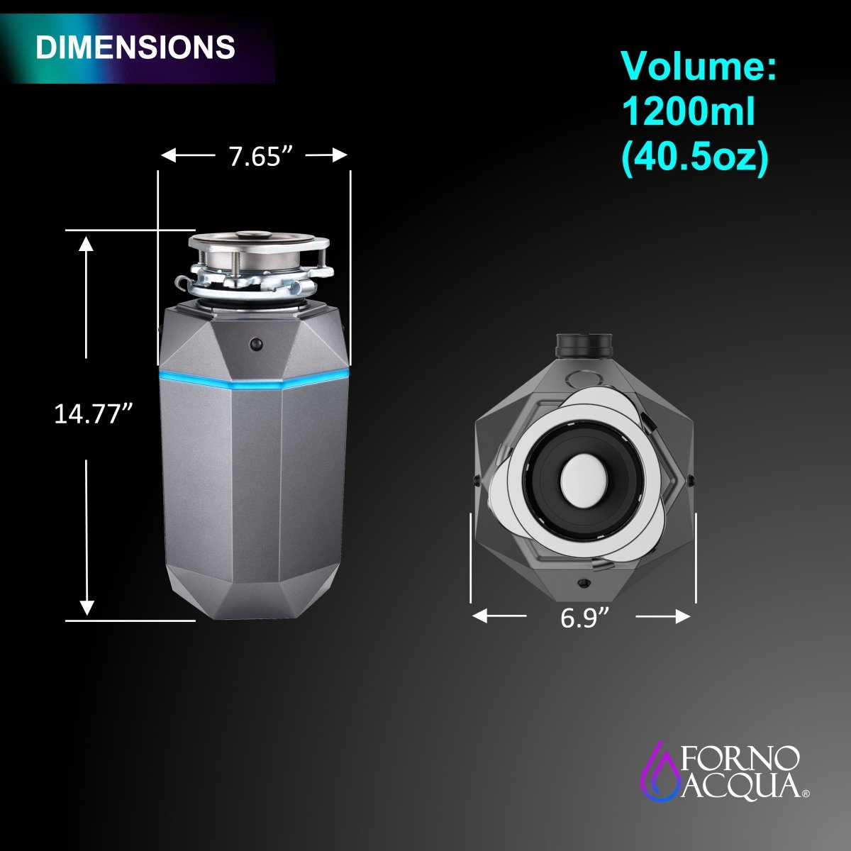 FORNO ACQUA BrightDIAMOND Black Onyx 3/4HP Super Quiet Garbage Disposal Corded with Motion Sensor Cabinet Light & Pre-Wired Air Switch - BonPrix Électroménagers