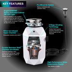 FORNO ACQUA BrightDIAMOND Moonstone 1HP Super Quiet Garbage Disposal Corded with Motion Sensor Cabinet Light & Pre-Wired Air Switch - BonPrix Électroménagers