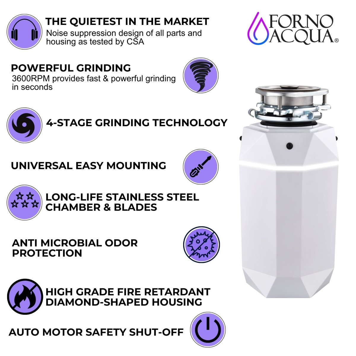 FORNO ACQUA BrightDIAMOND Moonstone 1HP Super Quiet Garbage Disposal Corded with Motion Sensor Cabinet Light & Pre-Wired Air Switch - BonPrix Électroménagers