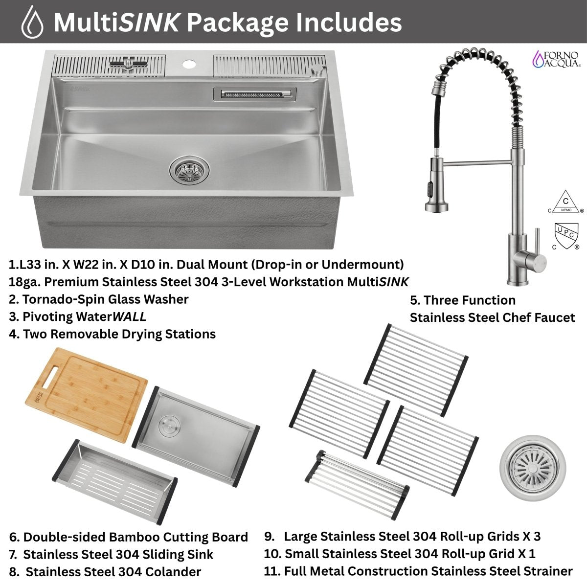 FORNO ACQUA MultiSINK kit with Integrated Waterfall Rinsing and Glass Washing Station. Includes Chef Faucet and Accessories. - BonPrix Électroménagers
