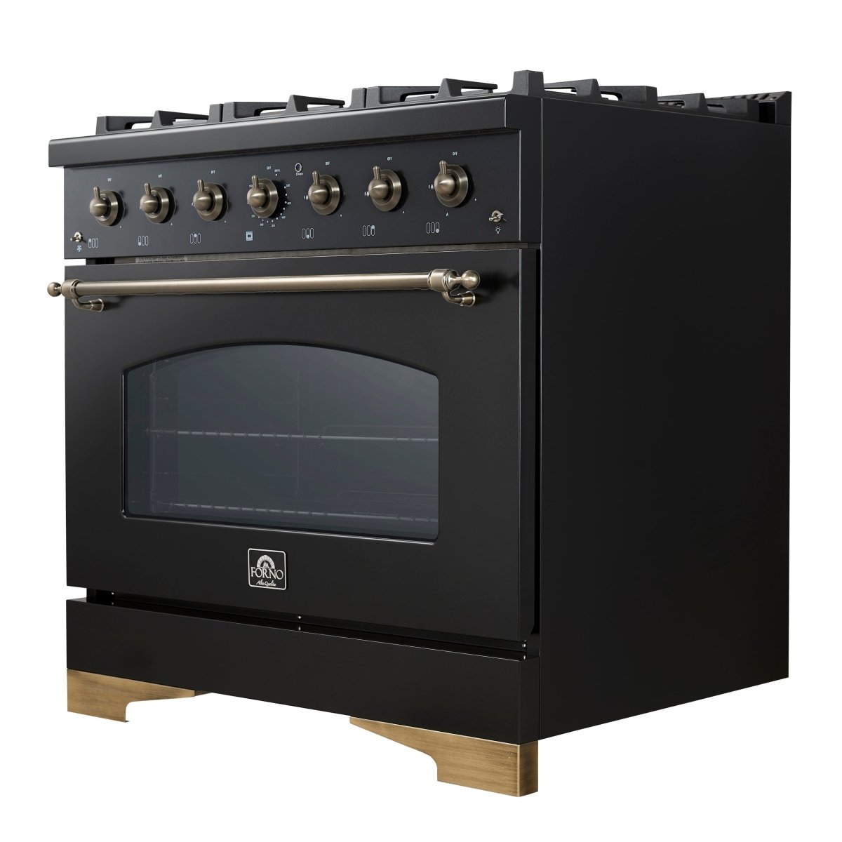 Forno Antico 36-inch Dual Fuel Range, Black and Antique Brass, 6 Burners, 4.5 cu.ft. Convection Oven - BonPrix Électroménagers