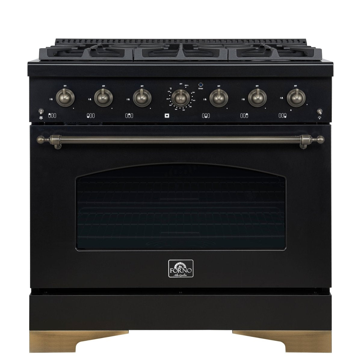 Forno Antico 36-inch Dual Fuel Range, Black and Antique Brass, 6 Burners, 4.5 cu.ft. Convection Oven - BonPrix Électroménagers