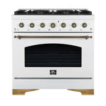 Forno Antico 36-inch Dual Fuel Range White and Antique Brass Design with 6 Sealed Gas Burners and Electric Convection Oven - BonPrix Électroménagers