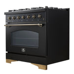Forno Antico 36-Inch Freestanding Gas Range, Black, Antique Brass Design, 6 Burners, Convection Oven, Energy Efficient - BonPrix Électroménagers
