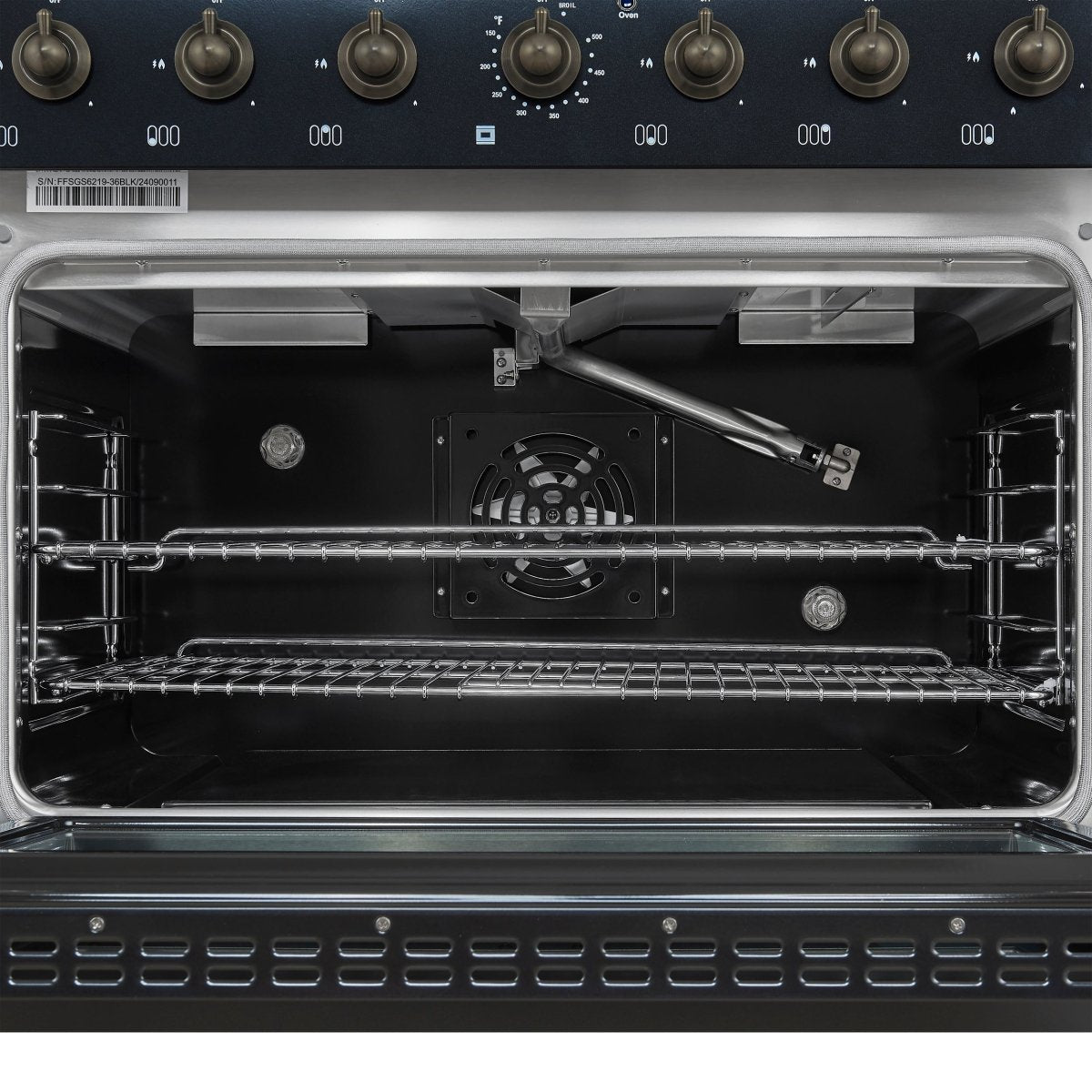 Forno Antico 36-Inch Freestanding Gas Range, Black, Antique Brass Design, 6 Burners, Convection Oven, Energy Efficient - BonPrix Électroménagers