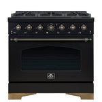 Forno Antico 36-Inch Freestanding Gas Range, Black, Antique Brass Design, 6 Burners, Convection Oven, Energy Efficient - BonPrix Électroménagers
