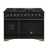 Forno Antico 48-Inch Dual Fuel Range, Black with Antique Brass Finish, 8 Burners, 94,000 BTU, 5.5 cu.ft. Double Ovens & Griddle - BonPrix Électroménagers