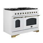 Forno Antico 48-Inch Dual Fuel Range, White with Antique Brass Finish, 8 Burners, 94,000 BTU, 5.5 cu.ft. Double Ovens & Griddle - BonPrix Électroménagers