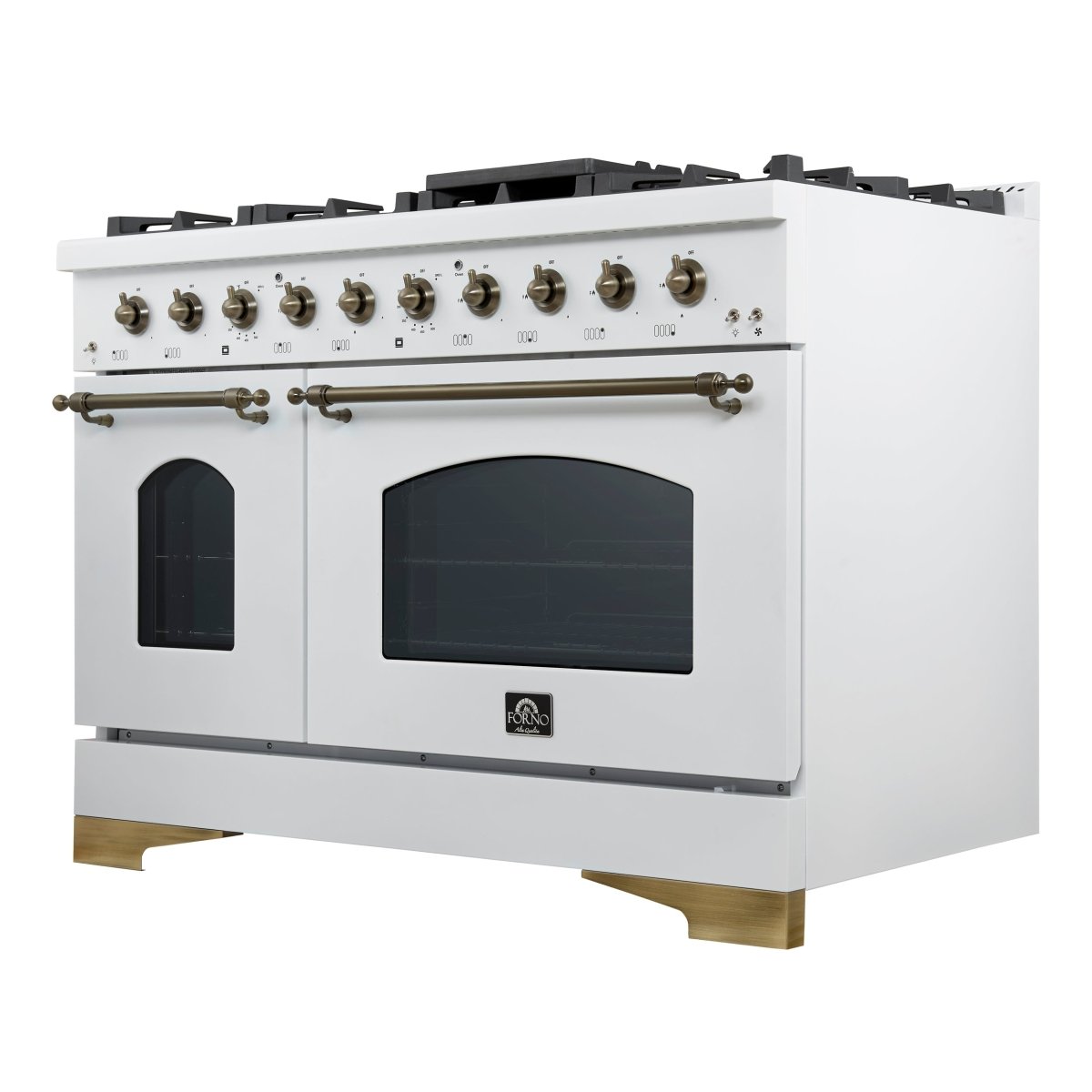 Forno Antico 48-Inch Dual Fuel Range, White with Antique Brass Finish, 8 Burners, 94,000 BTU, 5.5 cu.ft. Double Ovens & Griddle - BonPrix Électroménagers