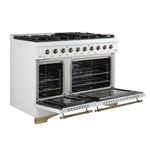 Forno Antico 48-Inch Dual Fuel Range, White with Antique Brass Finish, 8 Burners, 94,000 BTU, 5.5 cu.ft. Double Ovens & Griddle - BonPrix Électroménagers