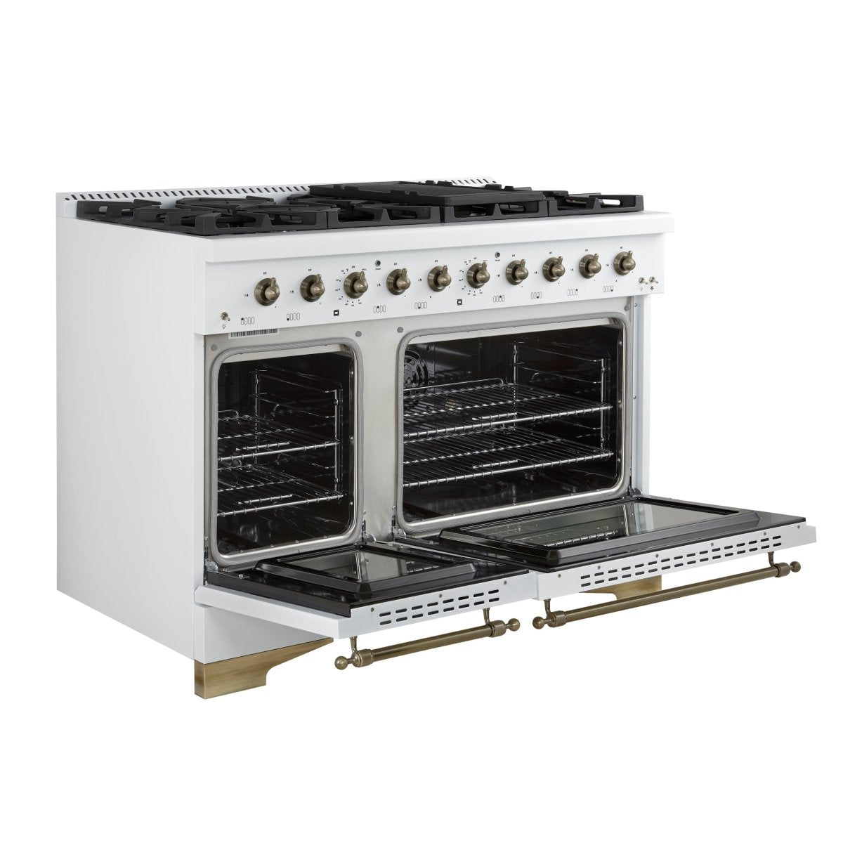 Forno Antico 48-Inch Dual Fuel Range, White with Antique Brass Finish, 8 Burners, 94,000 BTU, 5.5 cu.ft. Double Ovens & Griddle - BonPrix Électroménagers