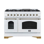 Forno Antico 48-Inch Dual Fuel Range, White with Antique Brass Finish, 8 Burners, 94,000 BTU, 5.5 cu.ft. Double Ovens & Griddle - BonPrix Électroménagers