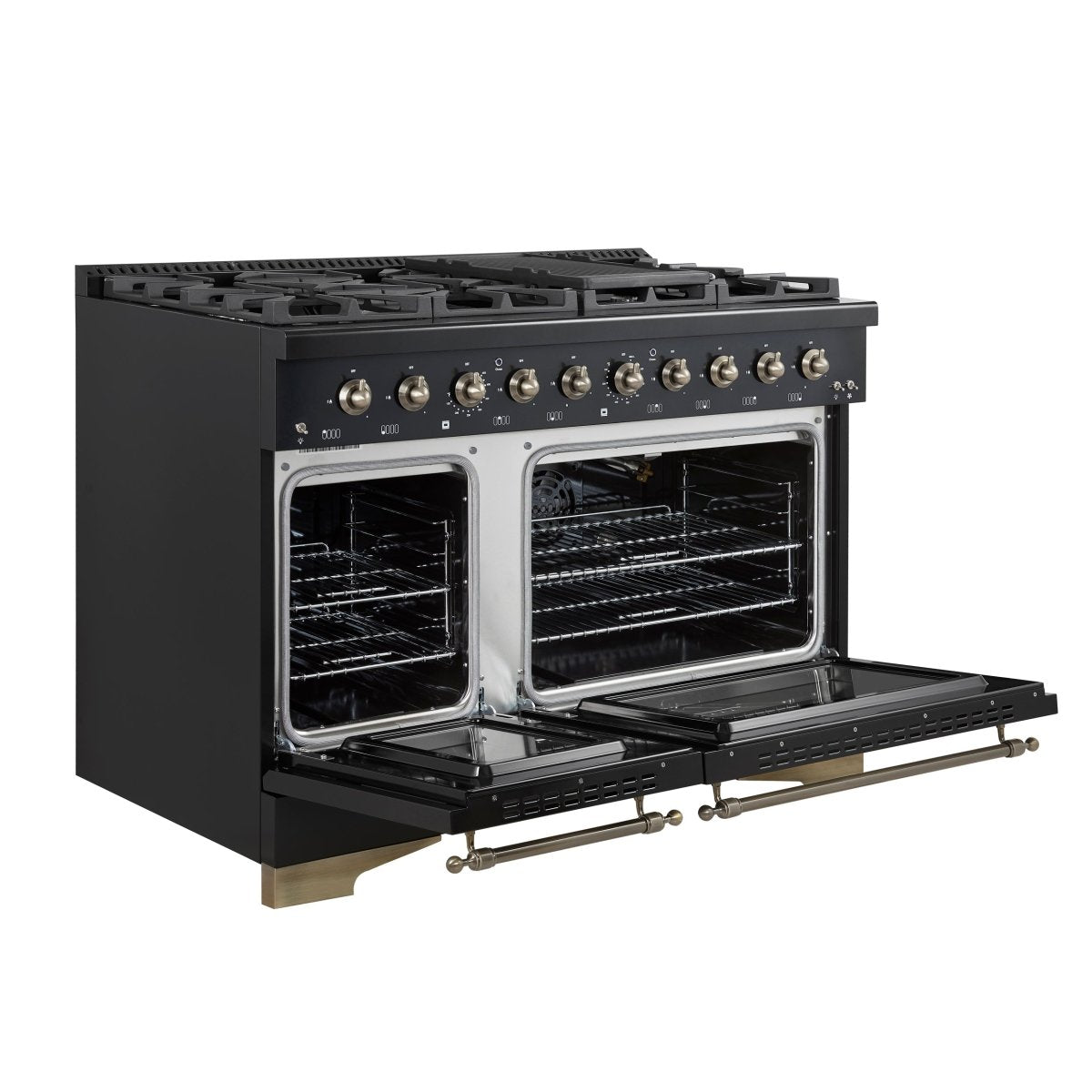Forno Antico 48-Inch Freestanding Gas Range, Black, Antique Brass Design, 8 Burners, Griddle, Double Ovens, Energy Efficient - BonPrix Électroménagers