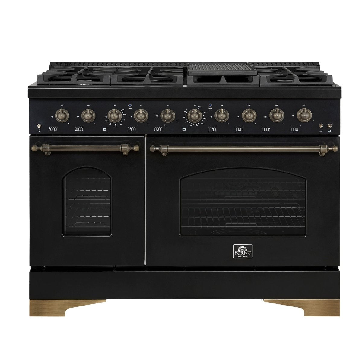 Forno Antico 48-Inch Freestanding Gas Range, Black, Antique Brass Design, 8 Burners, Griddle, Double Ovens, Energy Efficient - BonPrix Électroménagers