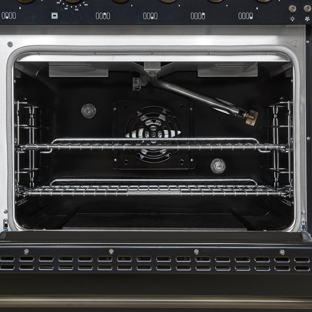 Forno Antico 48-Inch Freestanding Gas Range, Black, Antique Brass Design, 8 Burners, Griddle, Double Ovens, Energy Efficient - BonPrix Électroménagers