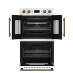 Forno Asti 30-Inch Double Electric Wall Oven with Upper French Doors in White & Antique Brass, 7.36 cu. ft. Dual True Convection, 7,200W, Air Fry, Sous Vide, Self-Clean - BonPrix Électroménagers