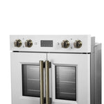 Forno Asti 30-Inch Double Electric Wall Oven with Upper French Doors in White & Antique Brass, 7.36 cu. ft. Dual True Convection, 7,200W, Air Fry, Sous Vide, Self-Clean - BonPrix Électroménagers