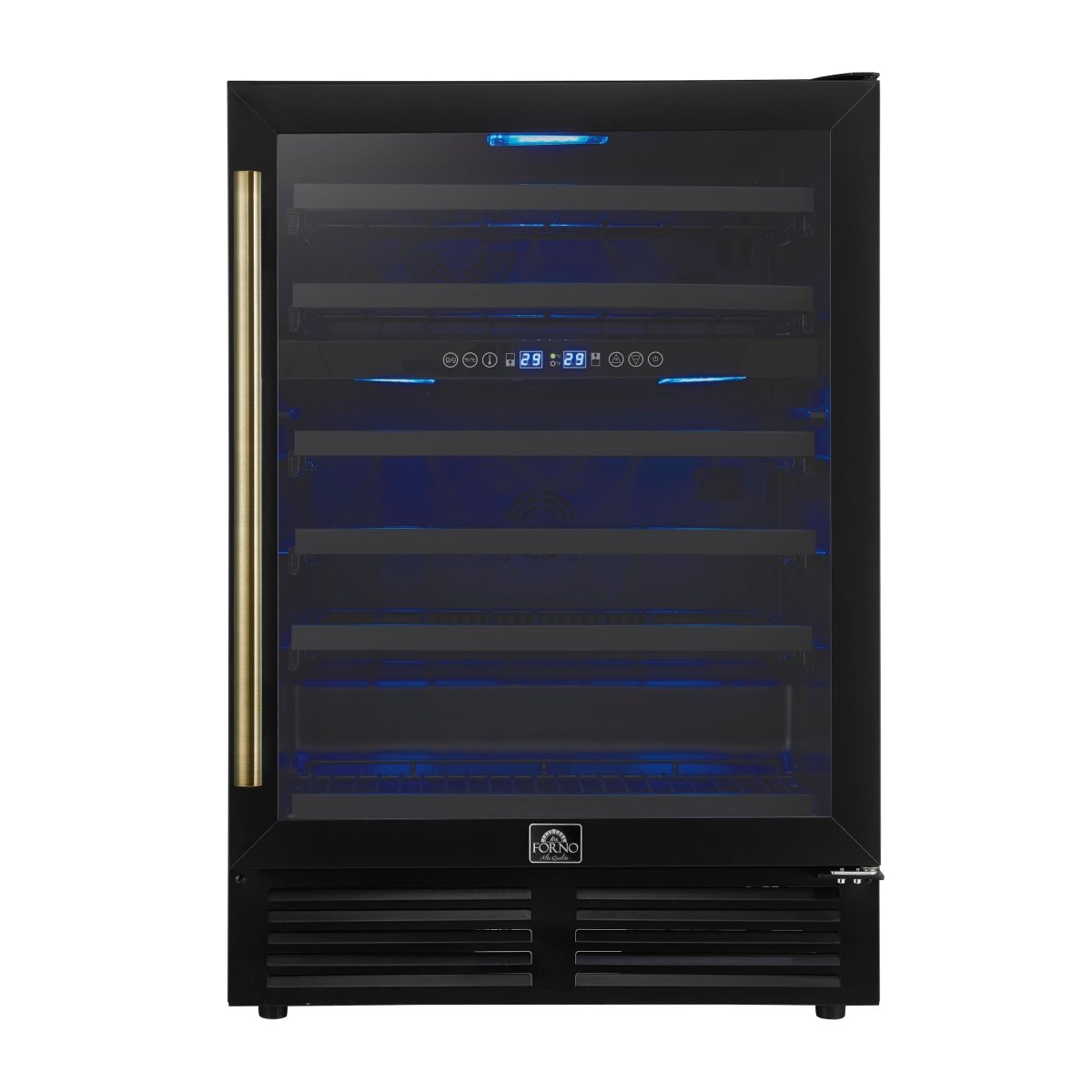 Forno Bacchino 24 Inch Wine Cooler, Black with Antique Brass Handles, with LED Lighting, Triple Glass Door, 51 Bottle Capacity, Built-In or Freestanding - BonPrix Électroménagers