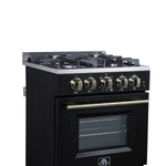 Forno Breno 24 Inch Freestanding Gas Range in Black with Antique Brass, Compact Design - BonPrix Électroménagers