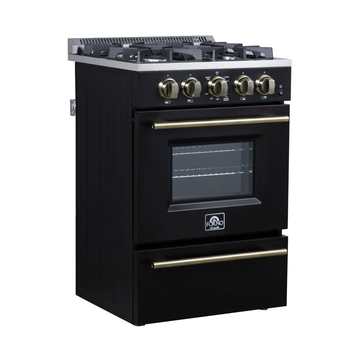 Forno Breno 24 Inch Freestanding Gas Range in Black with Antique Brass, Compact Design - BonPrix Électroménagers