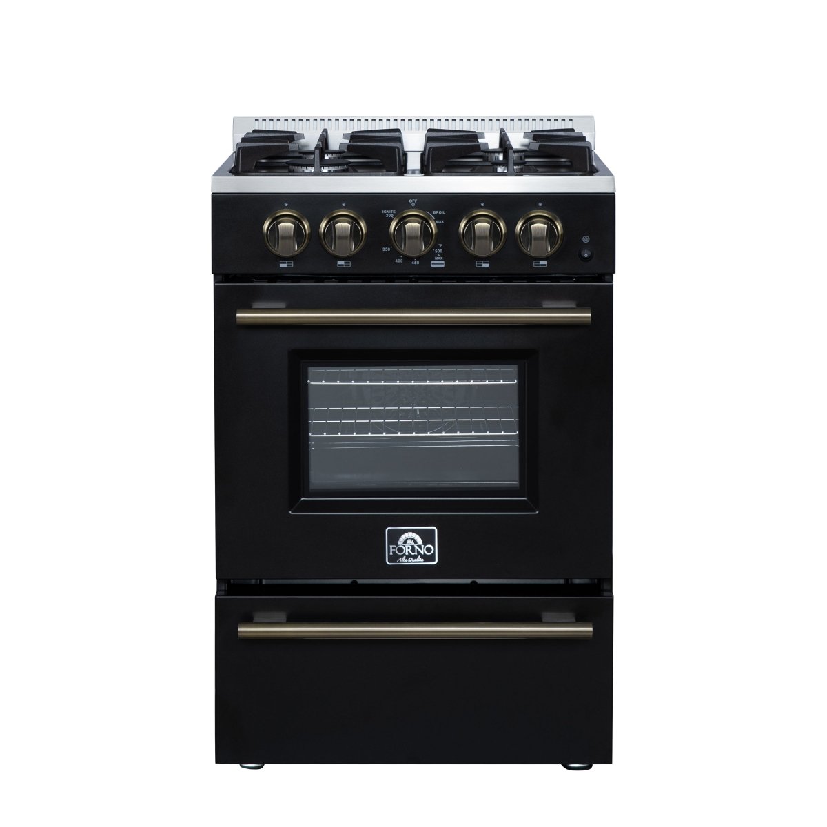 Forno Breno 24 Inch Freestanding Gas Range in Black with Antique Brass, Compact Design - BonPrix Électroménagers