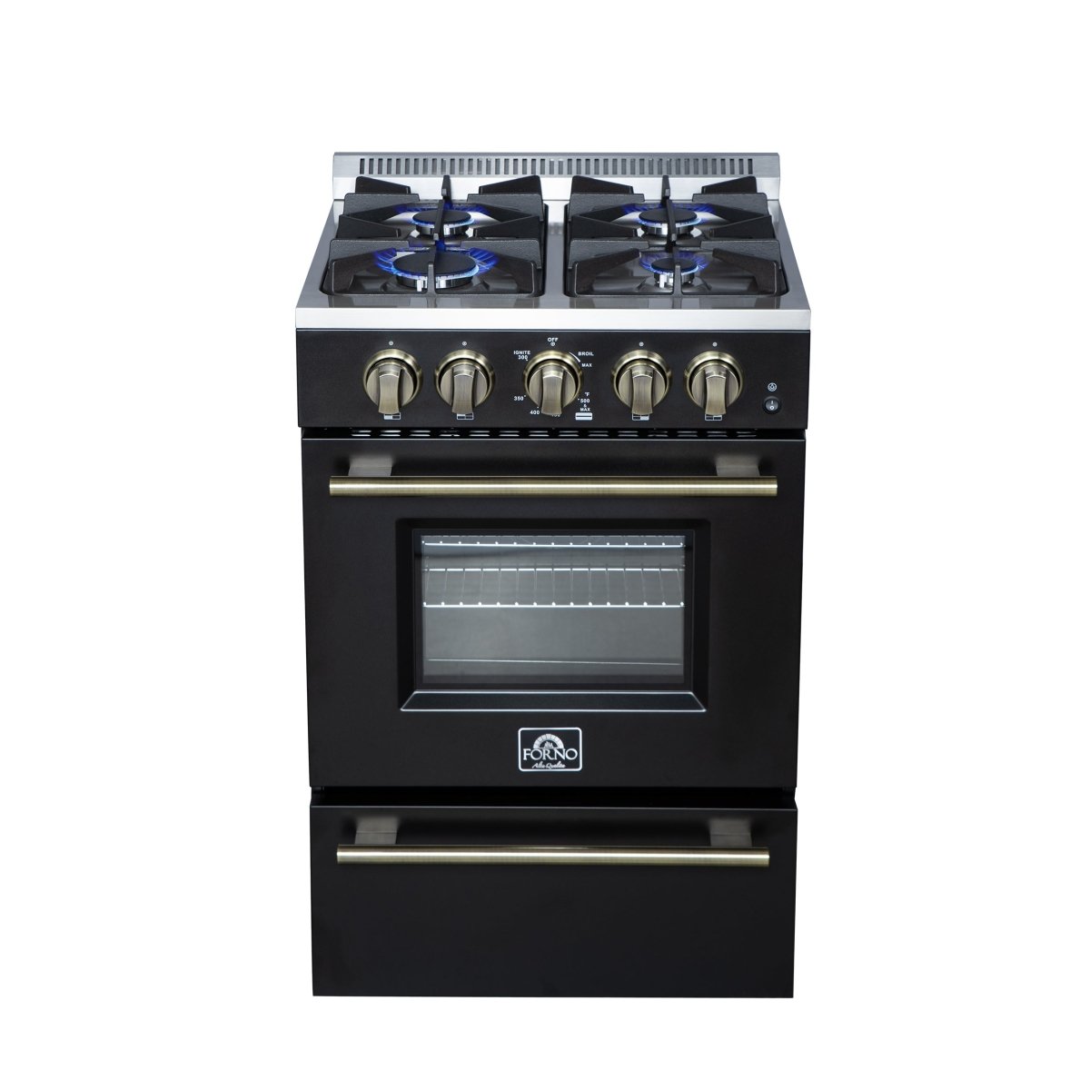Forno Breno 24 Inch Freestanding Gas Range in Black with Antique Brass, Plug Included, Energy Efficient - BonPrix Électroménagers