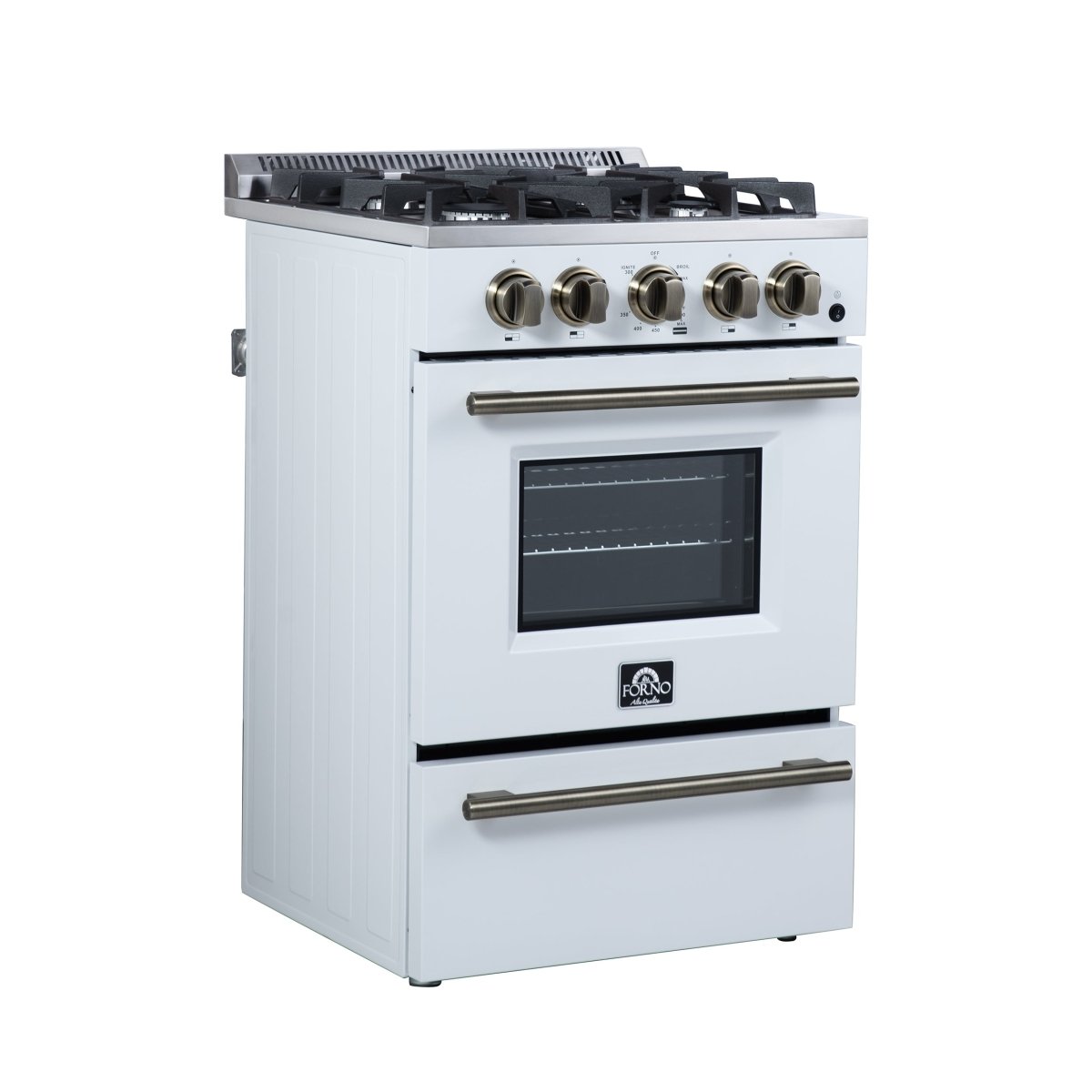 Forno Breno 24 Inch Freestanding Gas Range in White with Antique Brass, Compact Design - BonPrix Électroménagers