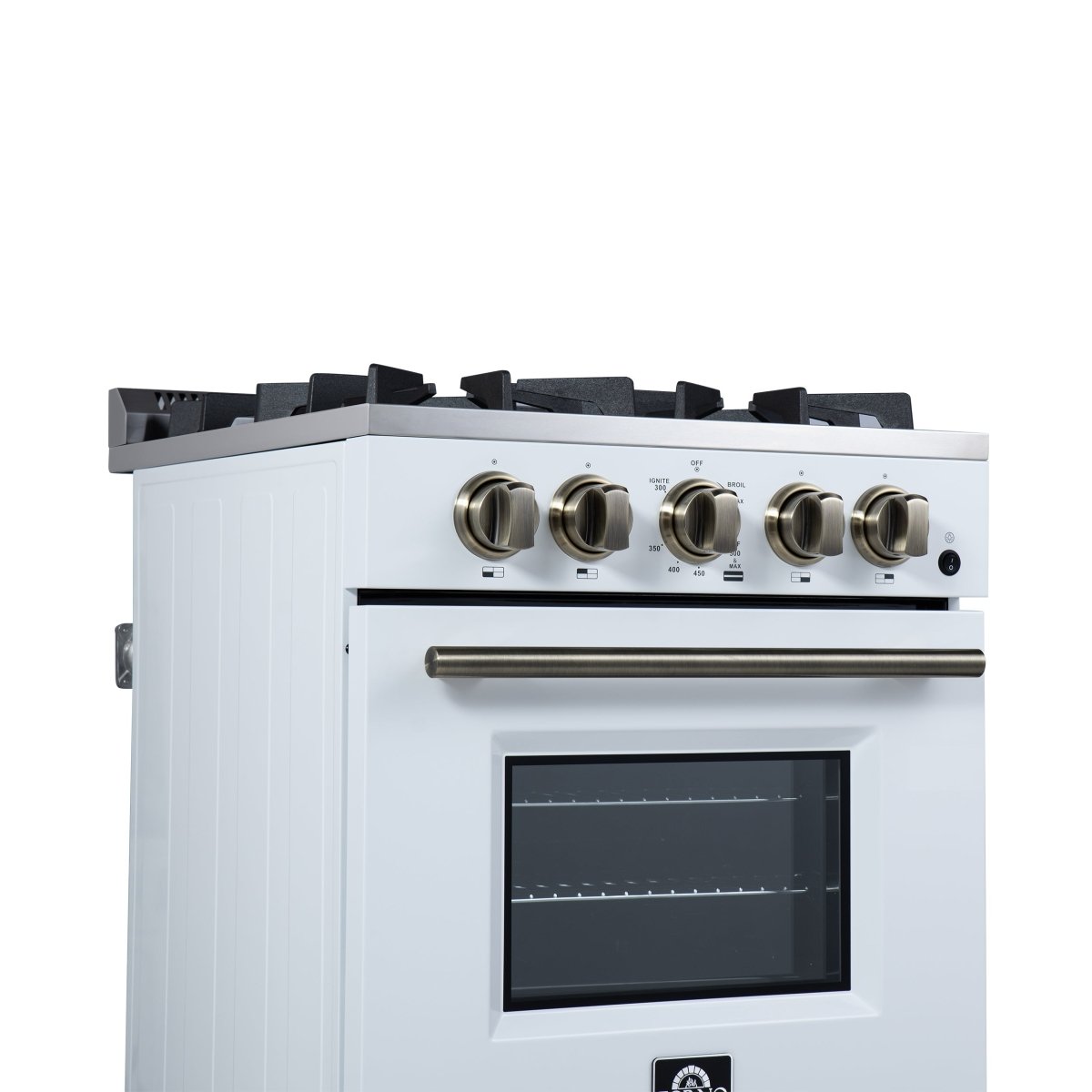 Forno Breno 24 Inch Freestanding Gas Range in White with Antique Brass, Compact Design - BonPrix Électroménagers