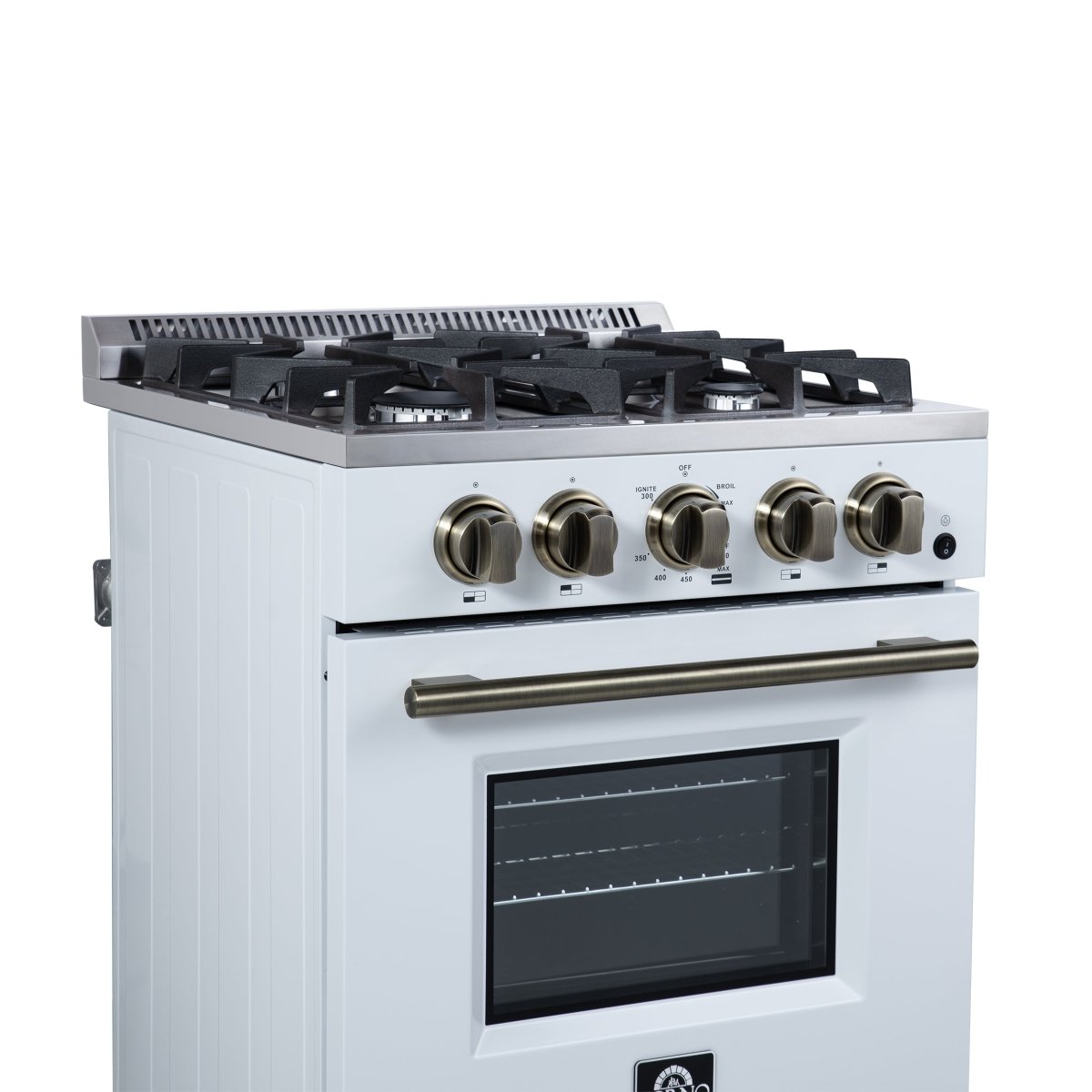 Forno Breno 24 Inch Freestanding Gas Range in White with Antique Brass, Plug Included, Energy Efficient - BonPrix Électroménagers