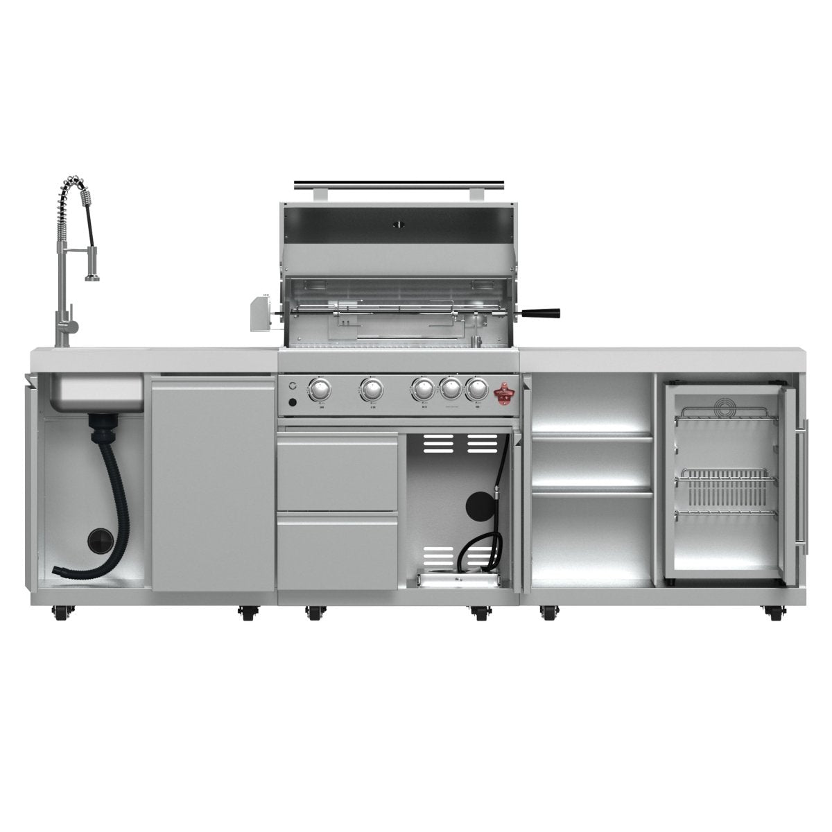 FORNO Bulnes 30-Inch BBQ, 60,000 BTU, 3 Burners with Sear & Rotisserie Infrared Burners, Stainless Steel Outdoor Kitchen with 1.8 cu.ft. Beverage Center & White Sintered Stone Countertops - BonPrix Électroménagers