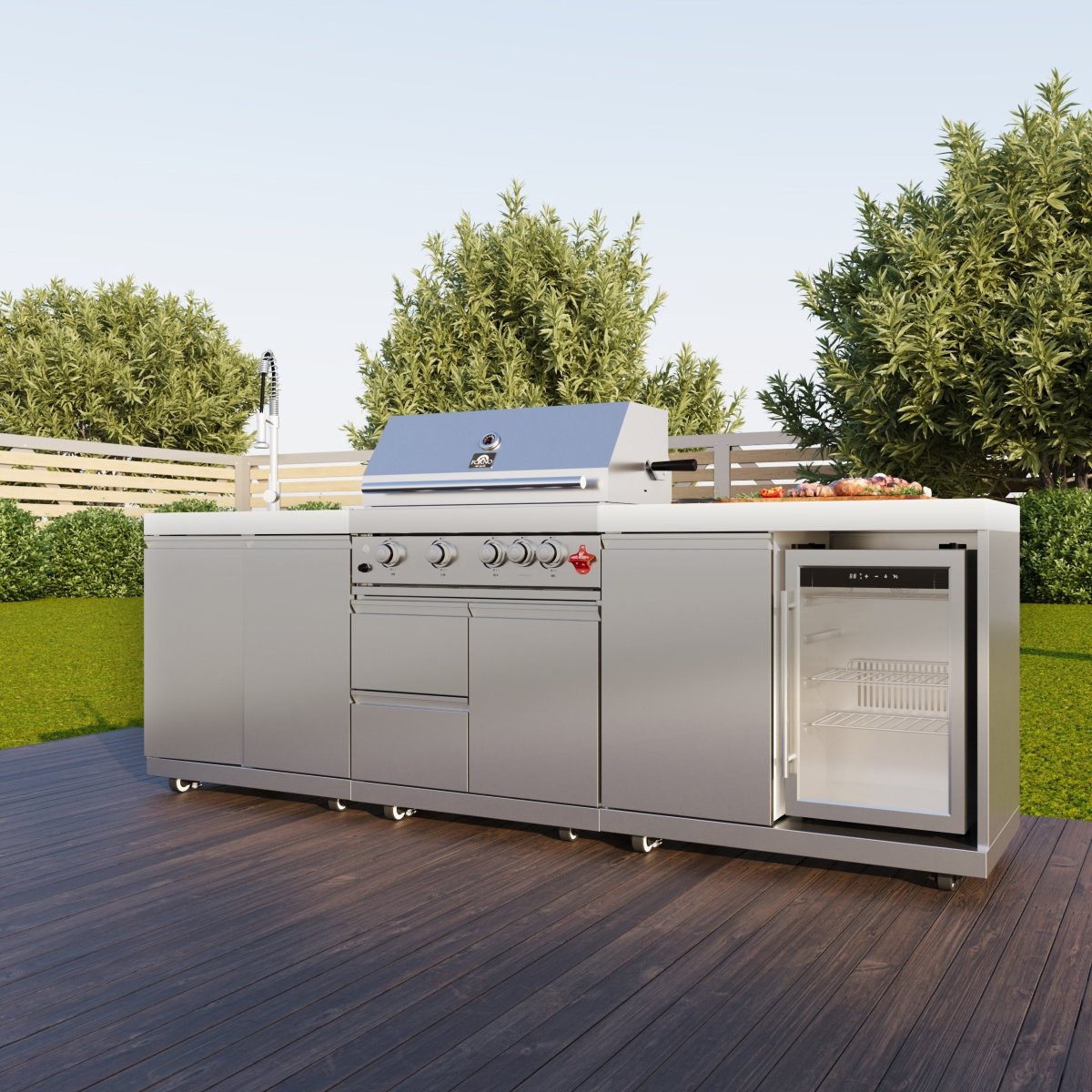 FORNO Bulnes 30-Inch BBQ, 60,000 BTU, 3 Burners with Sear & Rotisserie Infrared Burners, Stainless Steel Outdoor Kitchen with 1.8 cu.ft. Beverage Center & White Sintered Stone Countertops - BonPrix Électroménagers