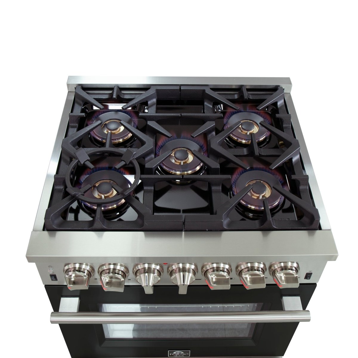 Forno Capriasca 30-Inch Freestanding Dual Fuel Range, 4 Burners, True Convection Oven, Black Door - BonPrix Électroménagers