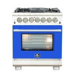 Forno Capriasca 30-Inch Freestanding Dual Fuel Range, 4 Burners, True Convection Oven, Blue Door - BonPrix Électroménagers